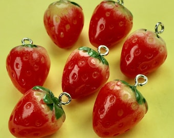 6 Red Strawberry Bead Pendants