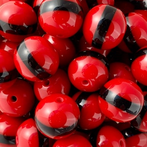 10 Large Vintage Red Black Stripe Round Beads Chunky 20mm for Jewelry Making and Craft