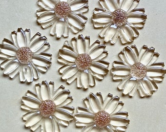 6 Vintage Large Lucite Clear Daisy Gold Center Flower Cabochon Flat Back 28mm #177