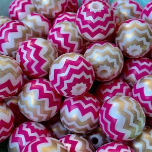 10 Large Chevron Pink Gold Round Beads Chevron Print Print Chunky 20mm for Jewelry Making and Craft