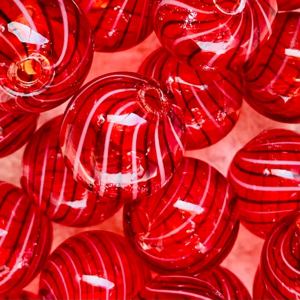 6 Red Round Stripe Hand Blown Lampwork Glass Beads