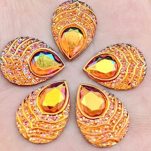6 オレンジ ゴールド 虹色 AB カラー 樹脂 ラインストーン カボション フラットバック 25 mm x 18 mm