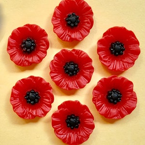 6 cabochões de resina de flor de papoula vermelha e preta de 19 mm