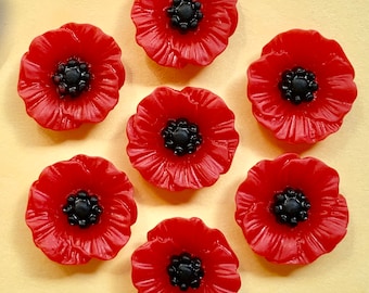 6 Red and Black Poppy Flower Resin 19mm Cabochons #695