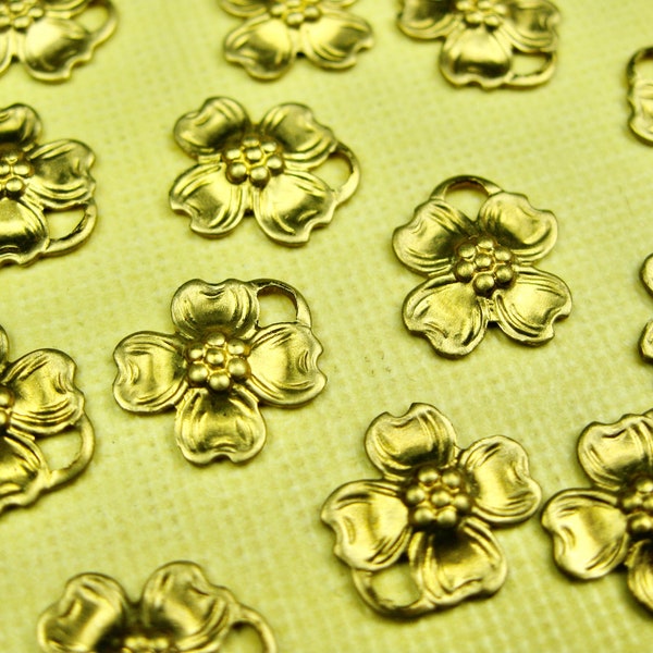 6 Vintage Brass Gold Dogwood Flower Charm Pendants 8mm