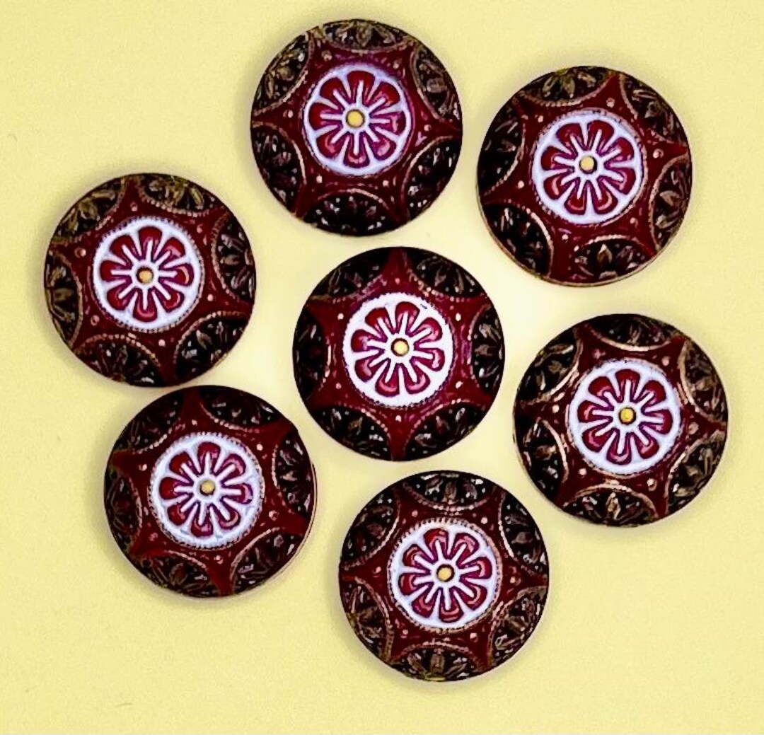 宮元1785 6 Vintage Japanese Glass Red Black Gold Mosaic Hand Painted Czech