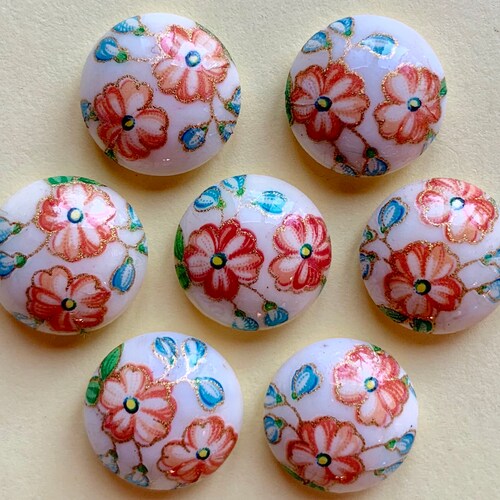 6 Vintage Japanese Glass With Flowers Cabochonlarger Etsy