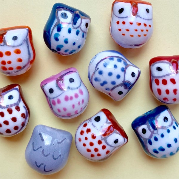 10 Porcelain Owl Beads, Mixed Colors