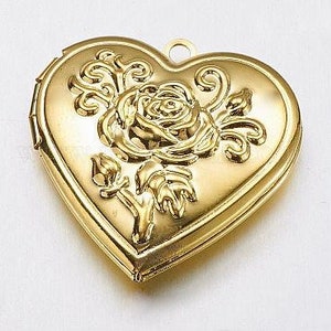 6 Large Gold Brass Heart Locket with Flowers for Jewelry Making Charms Pendants Photo Necklaces 29mm