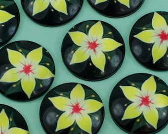 6 Glass Round Yellow Flower Cabochons Flat Back 25mm
