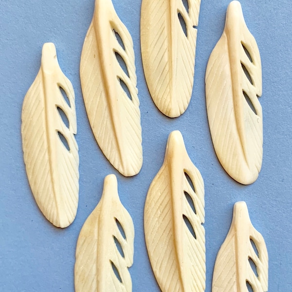 6 pcs Imitation Carved Bone Feather Pendant Charm 3 Inch