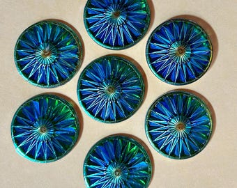 6 Blue Green Round Iridescent Cabochons Flat Back 28mm #63