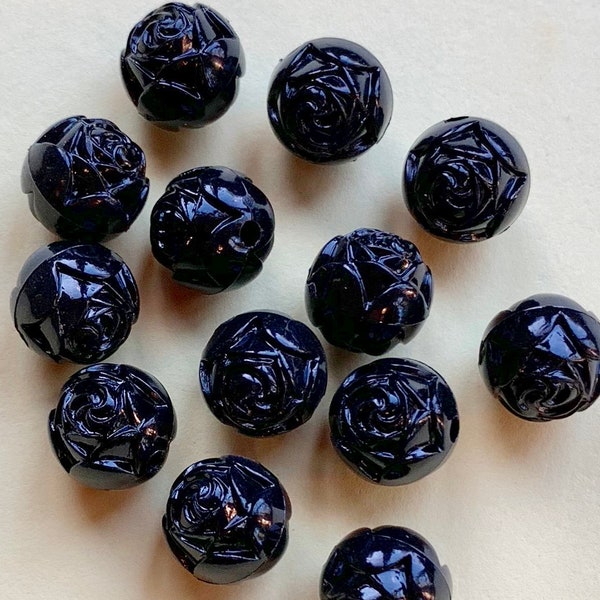 10 Lucite Carved Black Rosebud Beads 10mm