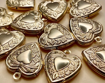 6 Large Gold Brass Heart Locket for Jewelry Making Charms Pendants Photo Necklaces 23mm