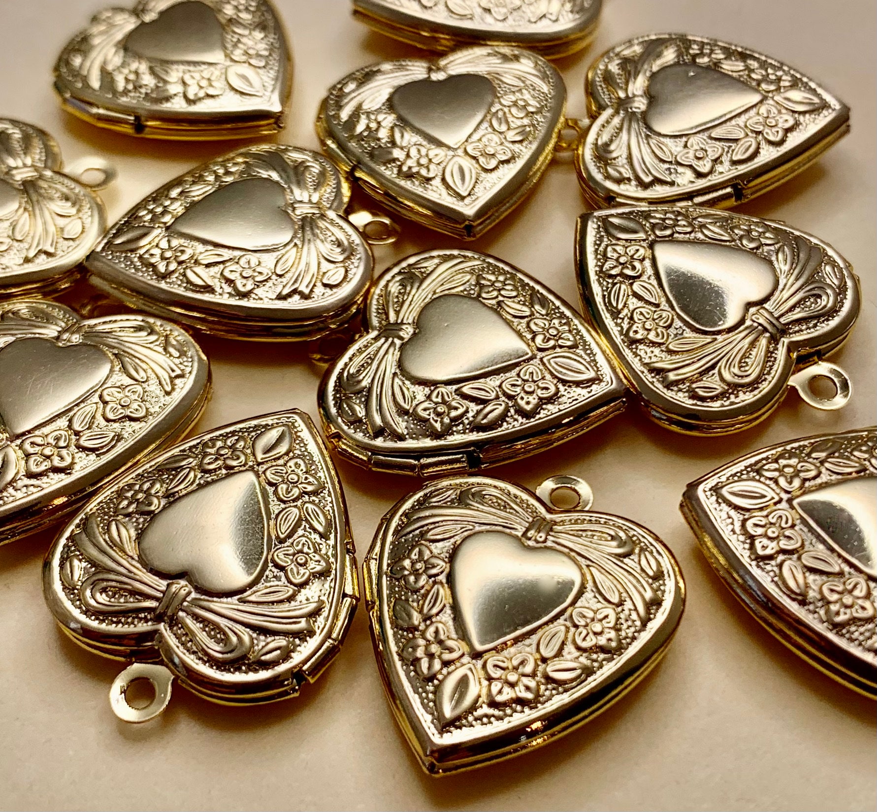 6 Large Gold Brass Heart Locket for Jewelry Making Charms Pendants Photo Necklaces 23mm