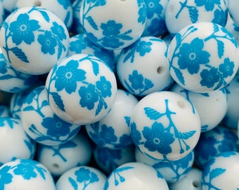 10 perline a forma di fiore blu e bianco vintage remake da 20 mm