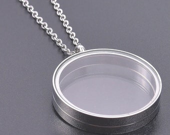 Silver Floating Locket Necklace 30mm Silver Pendant with Chain Stainless Steel Holds 3 Quarters