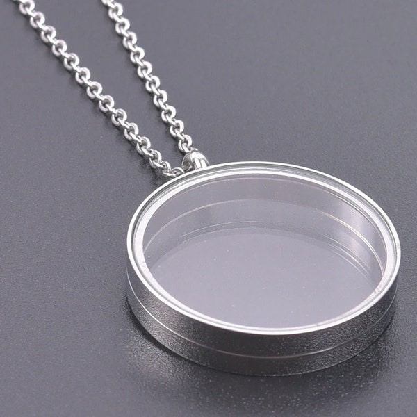 Silver Floating Locket Necklace 30mm Silver Pendant with Chain Stainless Steel Holds 3 Quarters