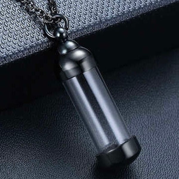 Black Vial Necklace Empty Clear Glass Vial Pendant Gem Wish Bottle Image Wish Ashes Memory (40 x 10mm)