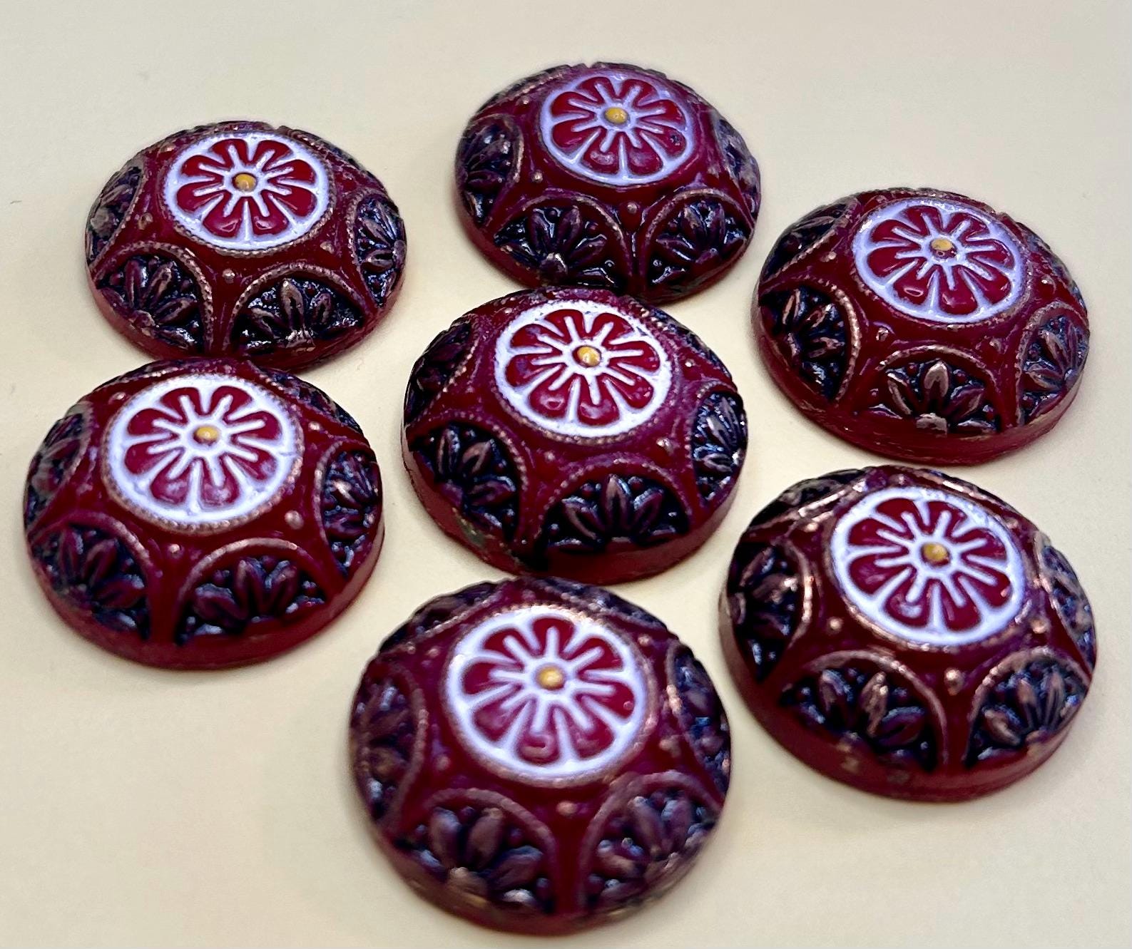 6 Vintage Japanese Glass Red Black Gold Mosaic Hand Painted Czech