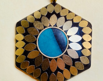 Large Rustic Brass Hexagon Pendants Blue Turquoise Center (Polymer) 70mm x 55mm Large Loop #39