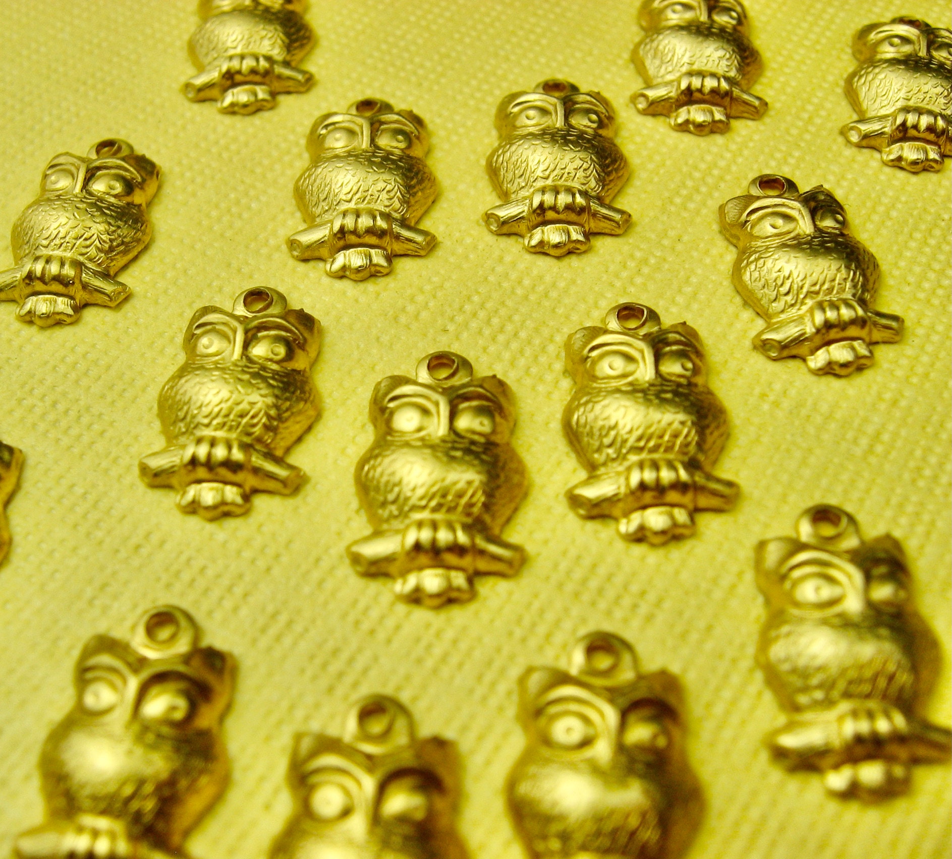 6 Brass Gold Owl Charm Beads 12mm