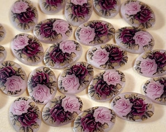6 Vintage Pink Rose Flower Oval Cabochons 14mm x 10mm Flat Back German RARE #797