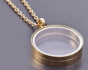 Gold Floating Locket Necklace 30mm Gold  Pendant with Chain Stainless Steel Holds 3 Quarters