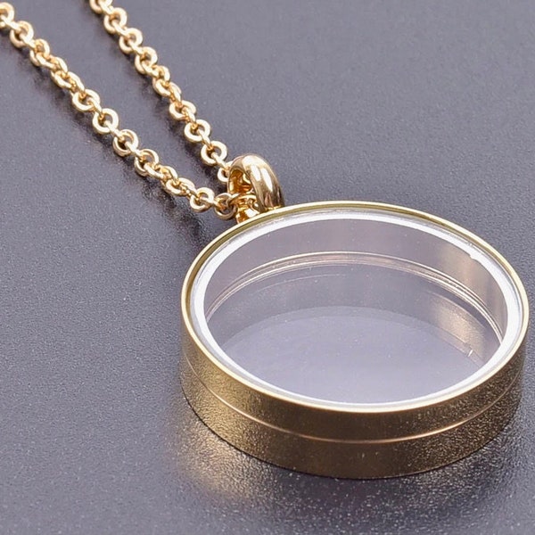 Gold Floating Locket Necklace 30mm Gold  Pendant with Chain Stainless Steel Holds 3 Quarters