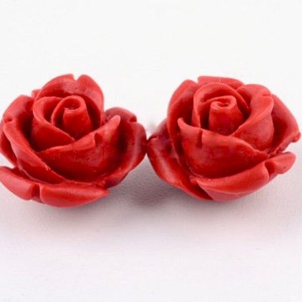 6 Red Rose Resin Flower Beads Hole Runs Side to Side 10mm