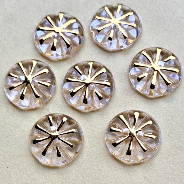 8 Vintage Gold and Clear Lucite 2 Hole Buttons 13mm For Sewing or Jewelry Making DIY