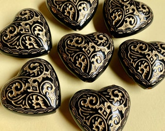 4 Large Black and Gold Chunky Heart Shape Antique Style Beads 30X25mm Acrylic for Jewelry DIY