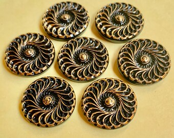 6 Vintage Czech Republic Glass Black and Gold Swirl Jet Glass 18 mm RARE #774