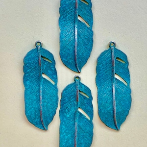 6 Metal Feather Pendant Charms 44mm x 17mm
