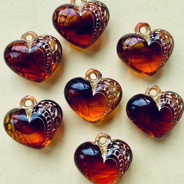 6 Vintage Amber Heart Lucite Pendant beads 19mm x 17mm