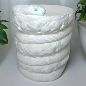 May include: White ceramic planter shaped like a snake coiled around a rock formation. The snake has a blue eye.