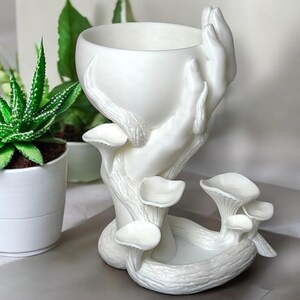 May include: White ceramic planter shaped like a hand holding a bowl, with mushroom-shaped accents.