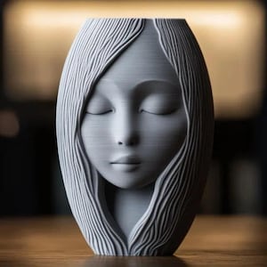 May include: A gray, oval-shaped vase featuring a serene face with closed eyes and flowing hair. The vase has a smooth, matte finish and is designed with detailed lines to create the hair and facial features. The overall design is artistic and elegant.