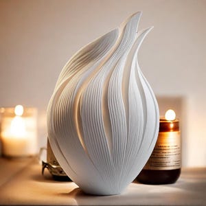 May include: White ceramic vase with a unique, organic, flame-like design. The vase is made of smooth, textured ceramic and has a delicate, flowing shape.
