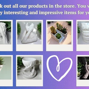 May include: A collage of images showcasing various white ceramic planters with unique designs, including faces, hands, and abstract forms. The text at the top encourages viewers to explore the store for interesting items.