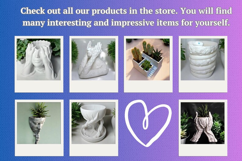 May include: A collage of images showcasing various white ceramic planters with unique designs, including faces, hands, and abstract forms. The text at the top encourages viewers to explore the store for interesting items.