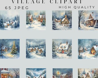 Vintage Christmas Village Clipart | 65 High-Quality JPEGs | Snowy Holiday Scene Illustrations for Cards, Crafts & Decor