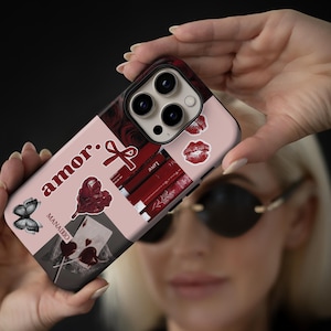 Funda de teléfono LOVE Motivation para iPhone 16, 15, 14 Pro Max, 13, 12 Mini XR / Funda para Samsung S24, S23 Ultra / Para ella / Rosa / Collage / Corazón