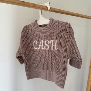 Embroidered Baby Name on Knitted Jumper, Personalised Custom-Made Baby Sweater, Soft Cotton Knit, Teddy Bear Brown colour, Cosy for Winter