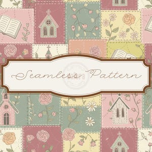 以下が含まれることがあります： パステルカラーのパッチワークデザインのシームレスパターン。教会、開いた本、バラ、花の要素のイラストが含まれています。「Seamless Pattern」のテキストが装飾フレームに表示されています。