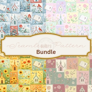Peut inclure: Un ensemble de motifs sans couture avec un design patchwork, présentant des illustrations religieuses et sur le thème de la nature. Les carrés présentent des églises, des livres ouverts avec des croix, des oiseaux, des fleurs et des papillons dans un style aquarelle. Le texte "Seamless Pattern Bundle" est affiché dans un cadre décoratif.
