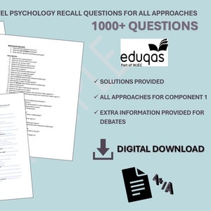 May include: A digital download for A-Level Psychology recall questions for all approaches. The download includes 1000+ questions, solutions, and extra information for debates. The image features the Eduqas logo and a download icon.