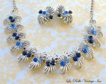 CORO Blue Rhinestone Necklace Earrings Vintage 50s Abstract Bows Set ~ Unworn