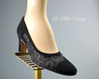 Sheer Lace Heels ~ Vintage Embroidered Black Pumps US 8 UK 6 ~ Palizzio Suede Shoes