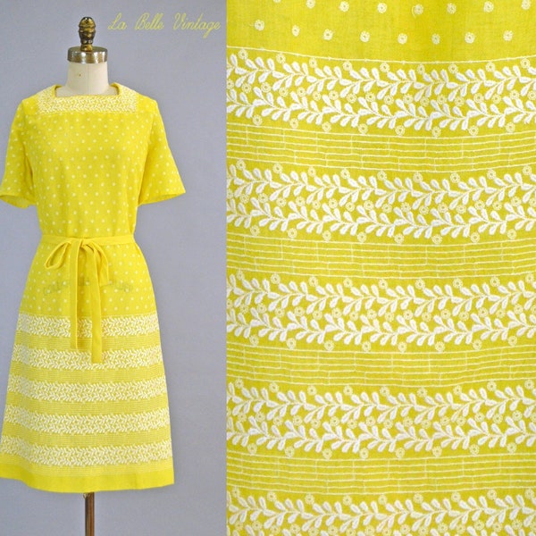 Sunshine Yellow Shift Dress L Vintage 1960s Floral Embroidered Cotton Voile Frock ~ A Mendel Creation ~ Deadstock